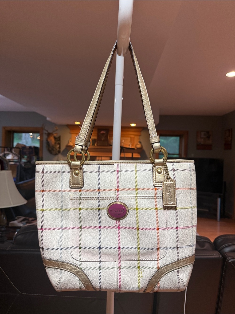 Coach Chelsea Heritage White Plaid Leather-Trim Tote NWOT